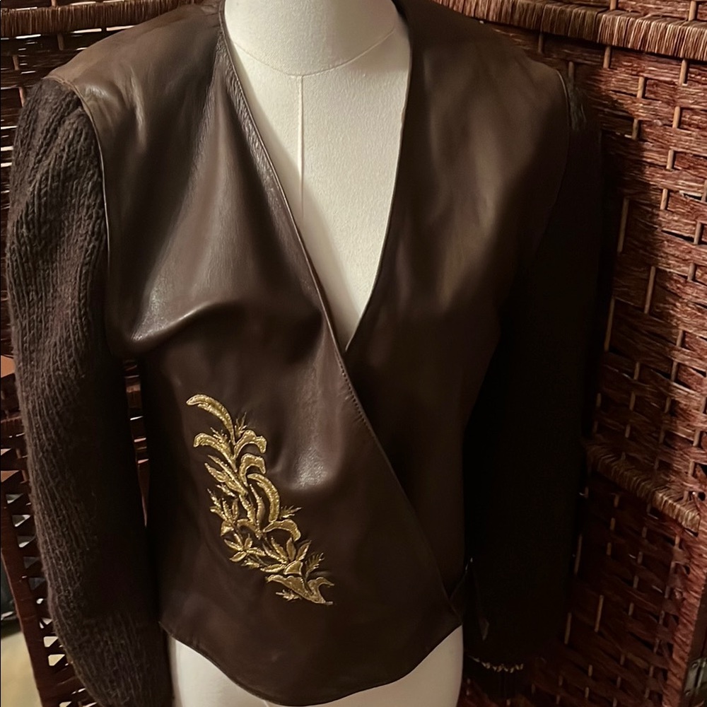 Jenny Brown Leather Jacket with Gold Embroidery